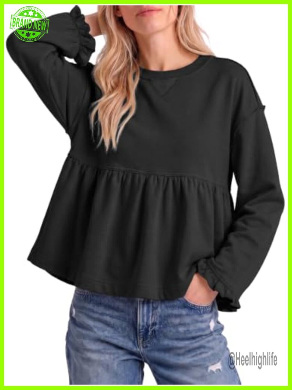 Womens Peplum Sweatshirt Crewneck Long Sleeve Babydoll Top